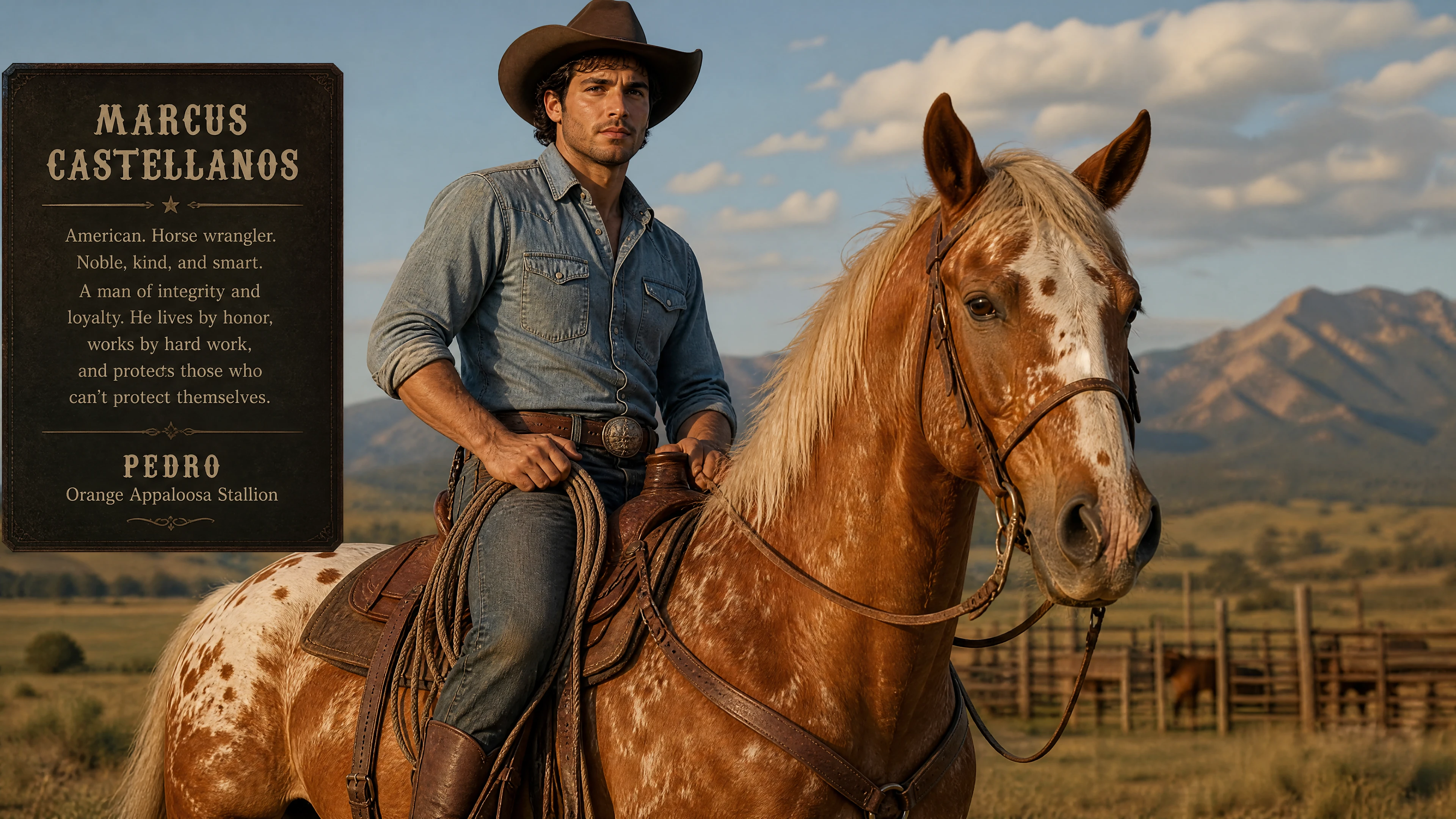Cowboy americano montando um garanhão appaloosa laranja