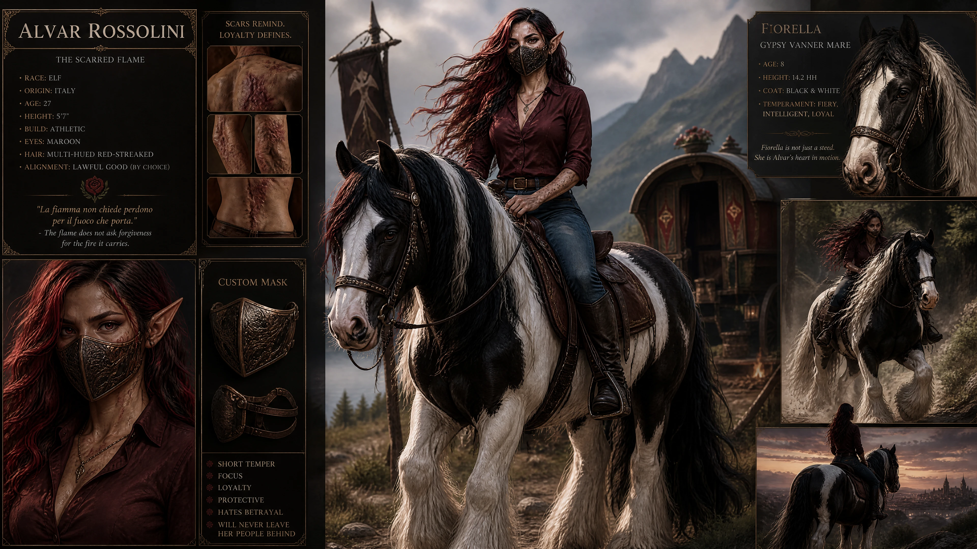 Elfa italiana sfregiata che cavalca una giumenta gypsy vanner