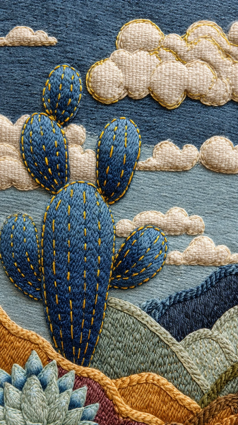 Arte tessile con cactus in denim in una scena desertica trapuntata
