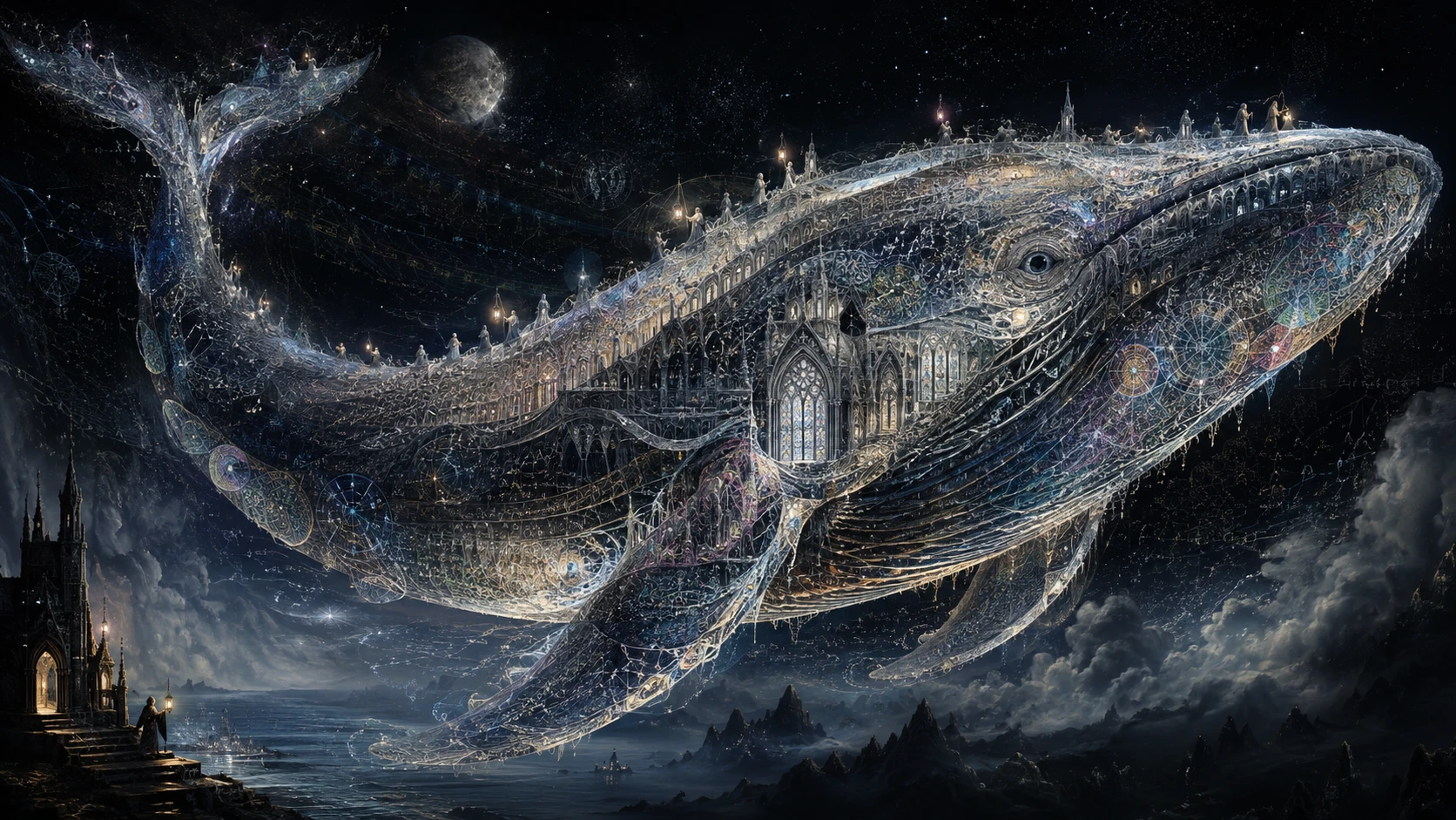 Baleia celestial formada por traços arquitetônicos luminosos e fluidos