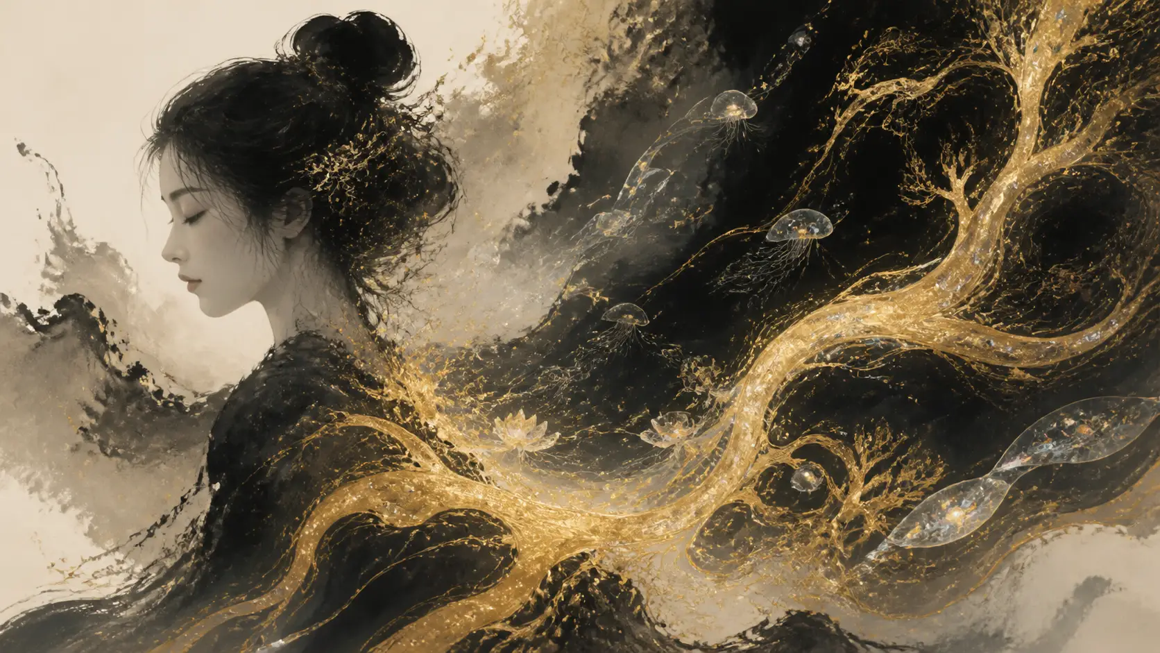 Fließende Sumi-Tinte formt leuchtende, neuronale Pfade