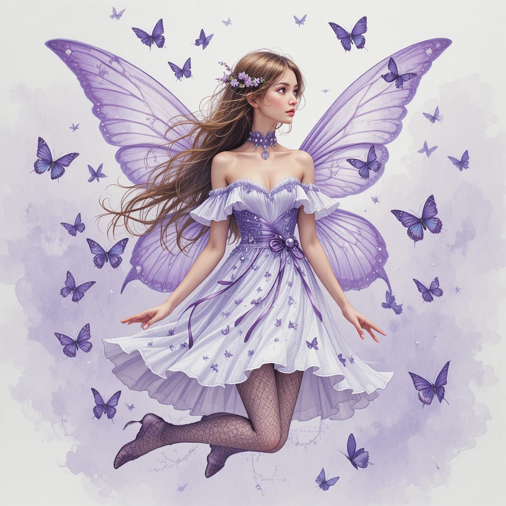 Aquarell-Fee mit violetten Flügeln und Schmetterlingen