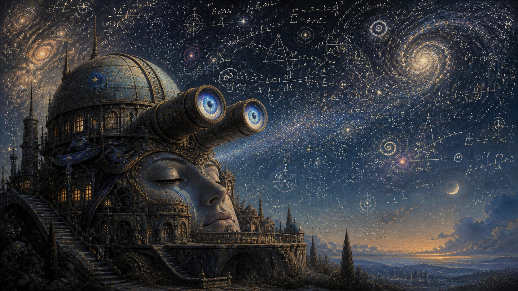 Antigo observatório com telescópios brilhando como olhos de anime