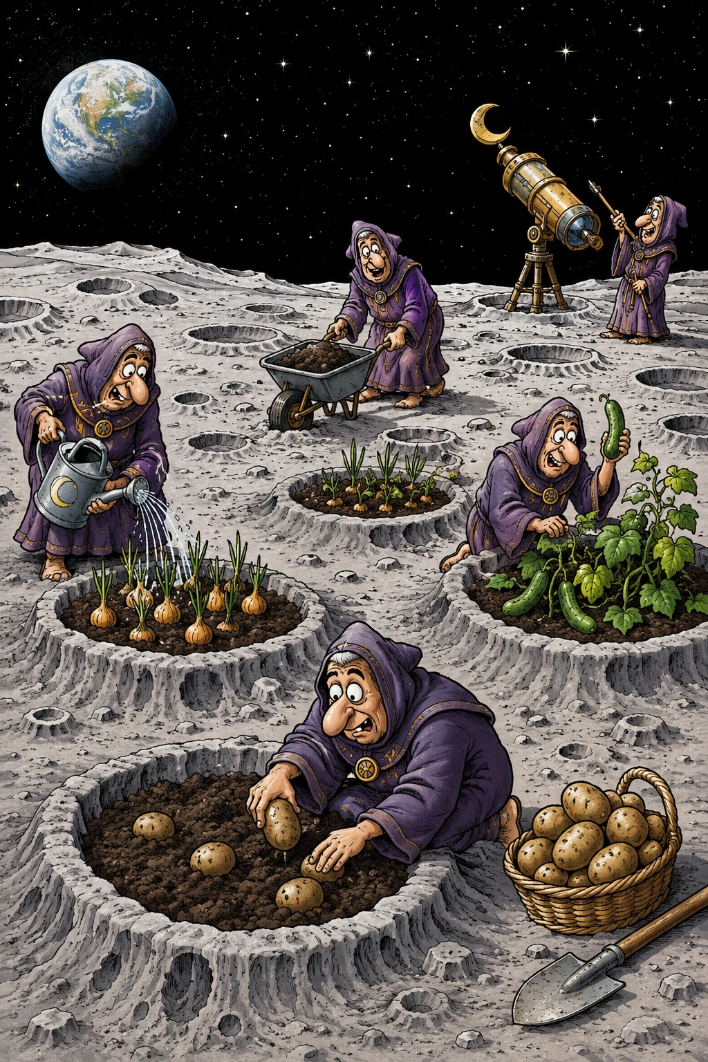 Ilustração cômica e bem‑humorada de padres fazendo agricultura na Lua
