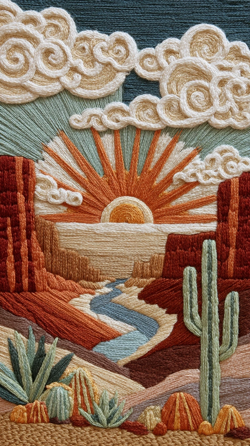 Stickerei eines Wüsten-Canyons mit Fluss im leuchtenden Sonnenuntergang