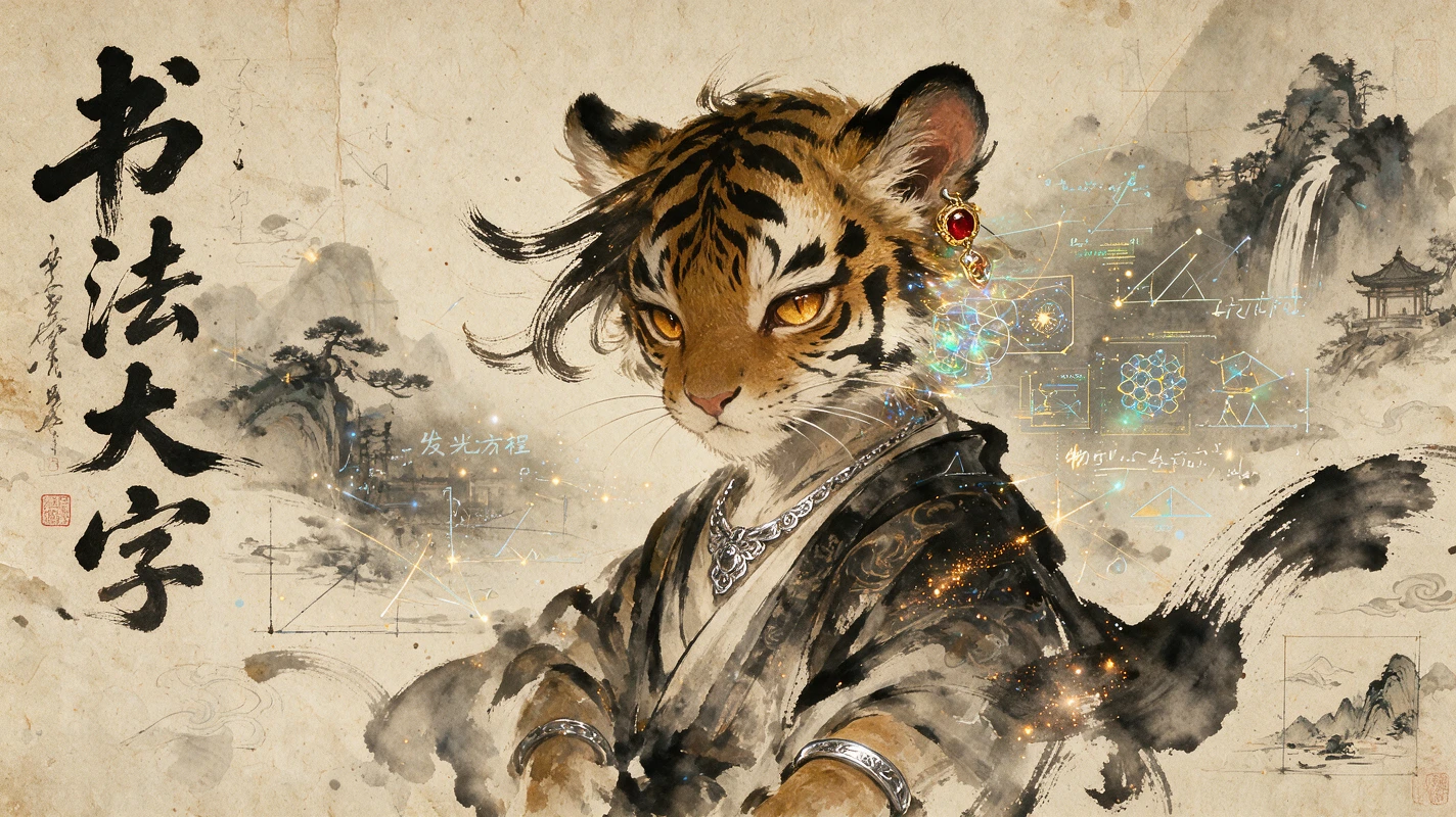 Criança felina futurista se dissolvendo em formas expressivas de tinta