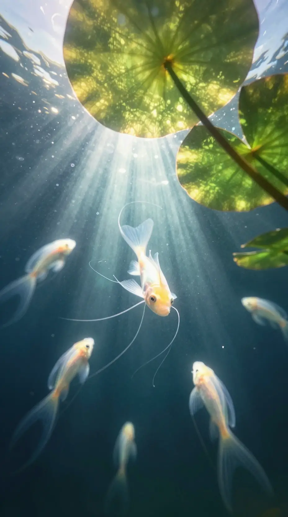 水面下仰望的魚與發光睡蓮葉
