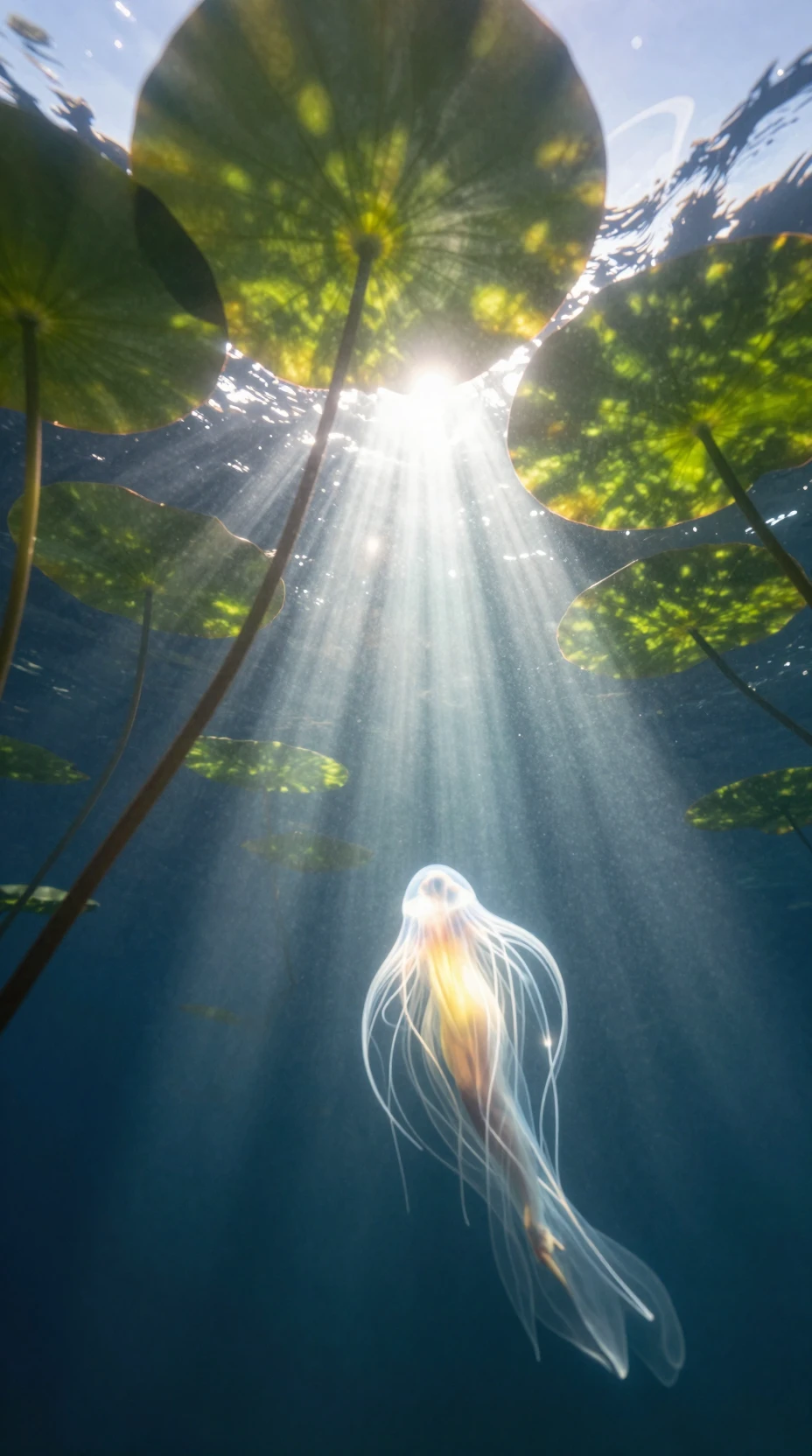 Unterwasserfee unter leuchtenden Seerosenblättern im Sonnenlicht