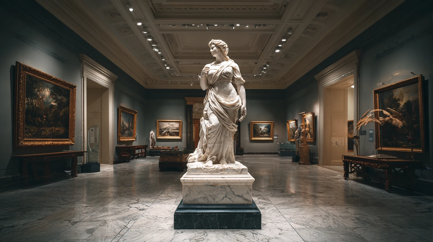 Estátua de mármore de uma mulher em destaque em um grande museu