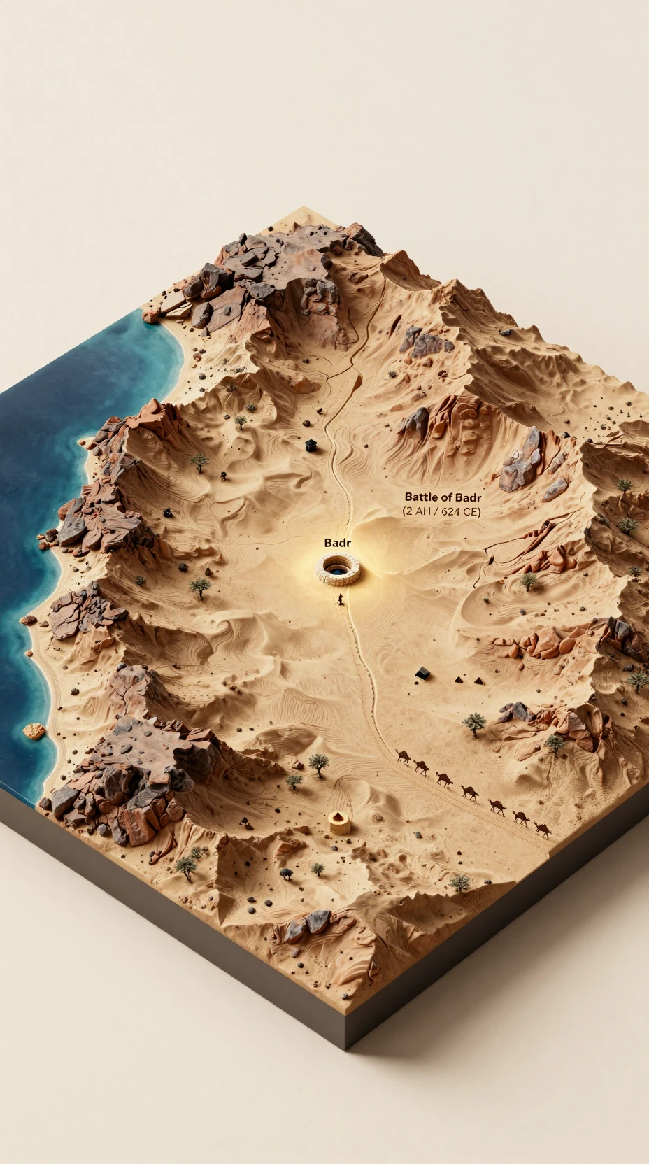 Diorama isométrico de vale desértico na região de Badr