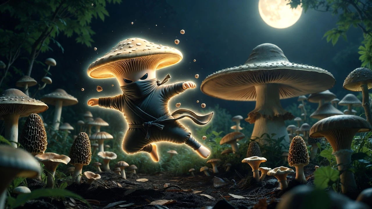 Fliegender Pilz-Ninja, der durch einen mondbeschienenen Garten tritt