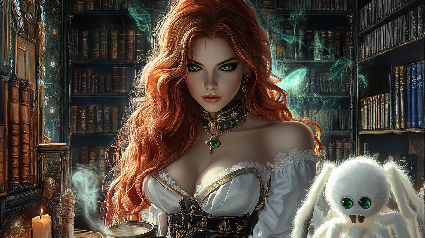 Rothaarige Steampunk-Hexe im weißen Kleid in einer Bibliothek