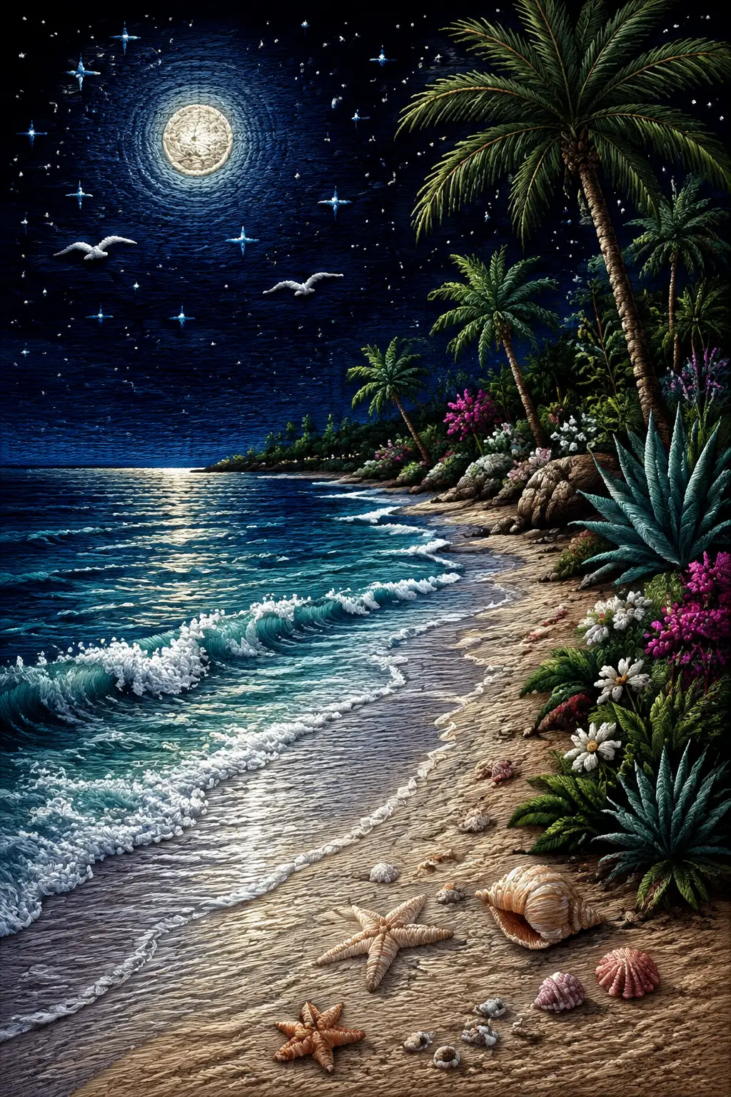 Paesaggio marino notturno ricamato con spiaggia mediterranea al chiaro di luna