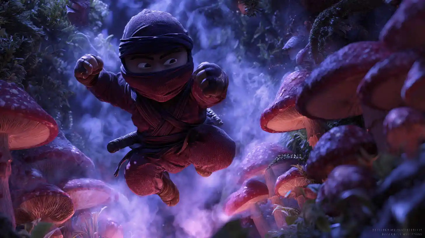 Fliegender Pilz-Ninja, der durch einen mondbeschienenen Garten tritt
