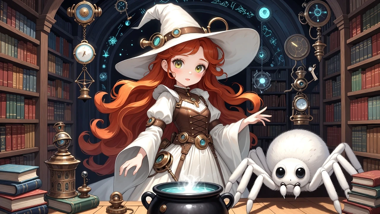 Bruxa steampunk ruiva de vestido branco em sua biblioteca