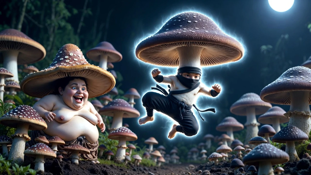 Pilz-Ninja, der einen mondbeschienenen Fantasiegarten durchtritt