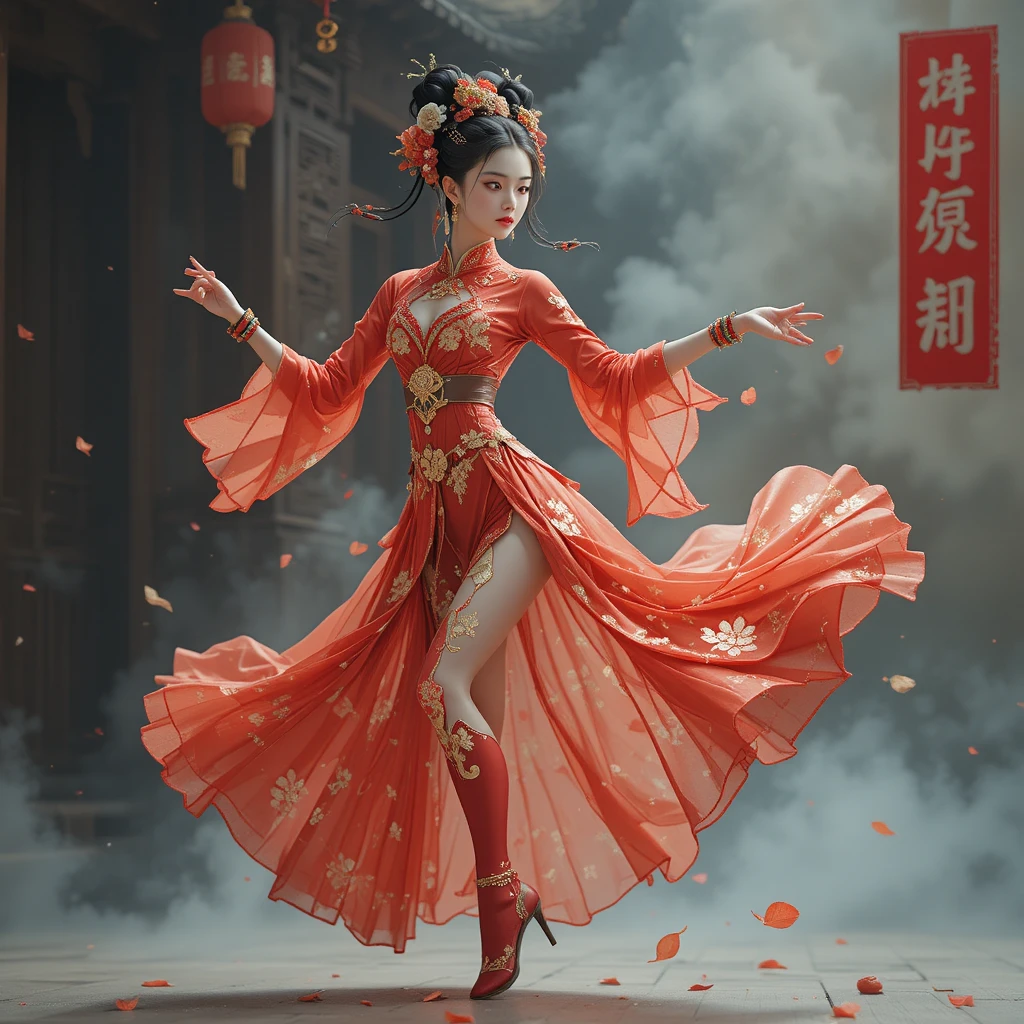 Photorealistic red goddess dancing in elegant Chinese inspired pose