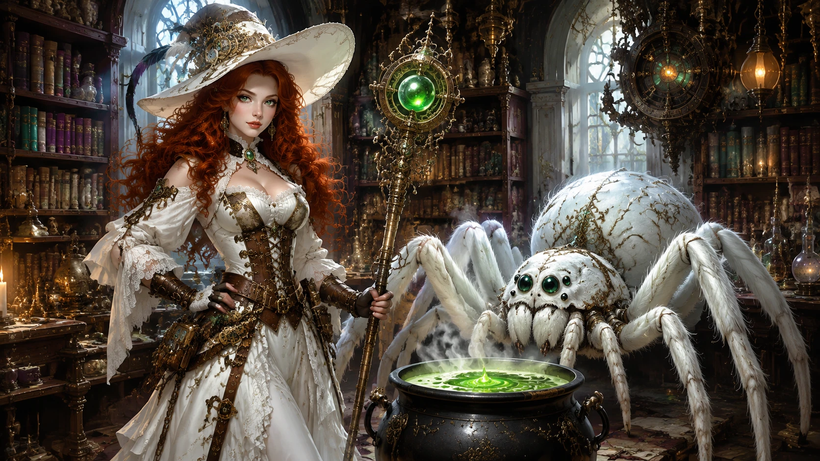 Bruxa steampunk ruiva de vestido branco em sua biblioteca