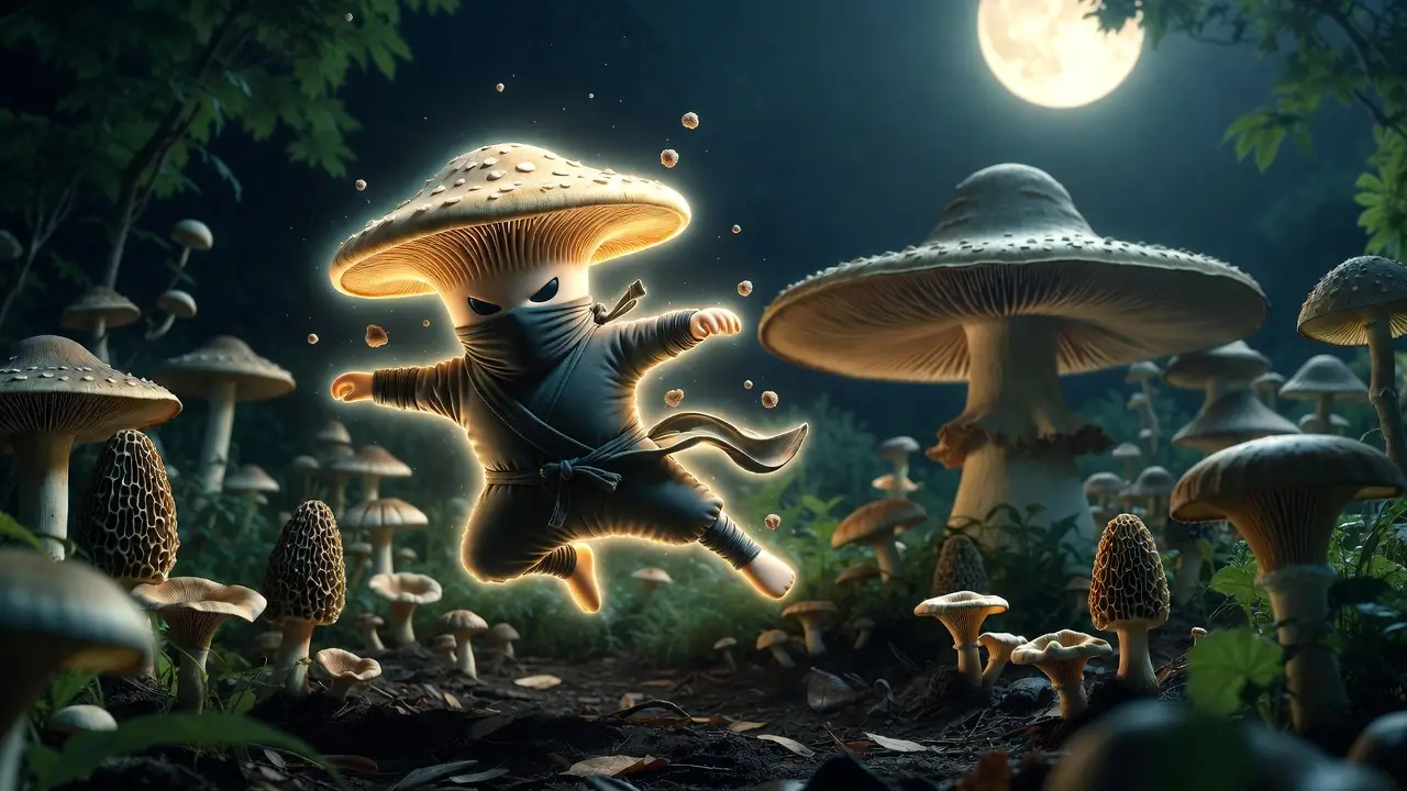 Ninja champignon volant donnant un coup de pied dans un jardin au clair de lune