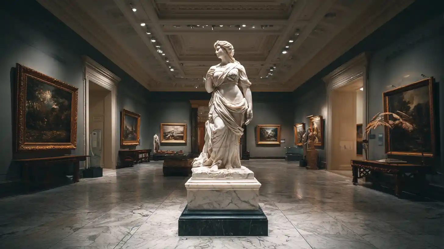 Estátua de mármore de uma mulher em destaque em um grande museu