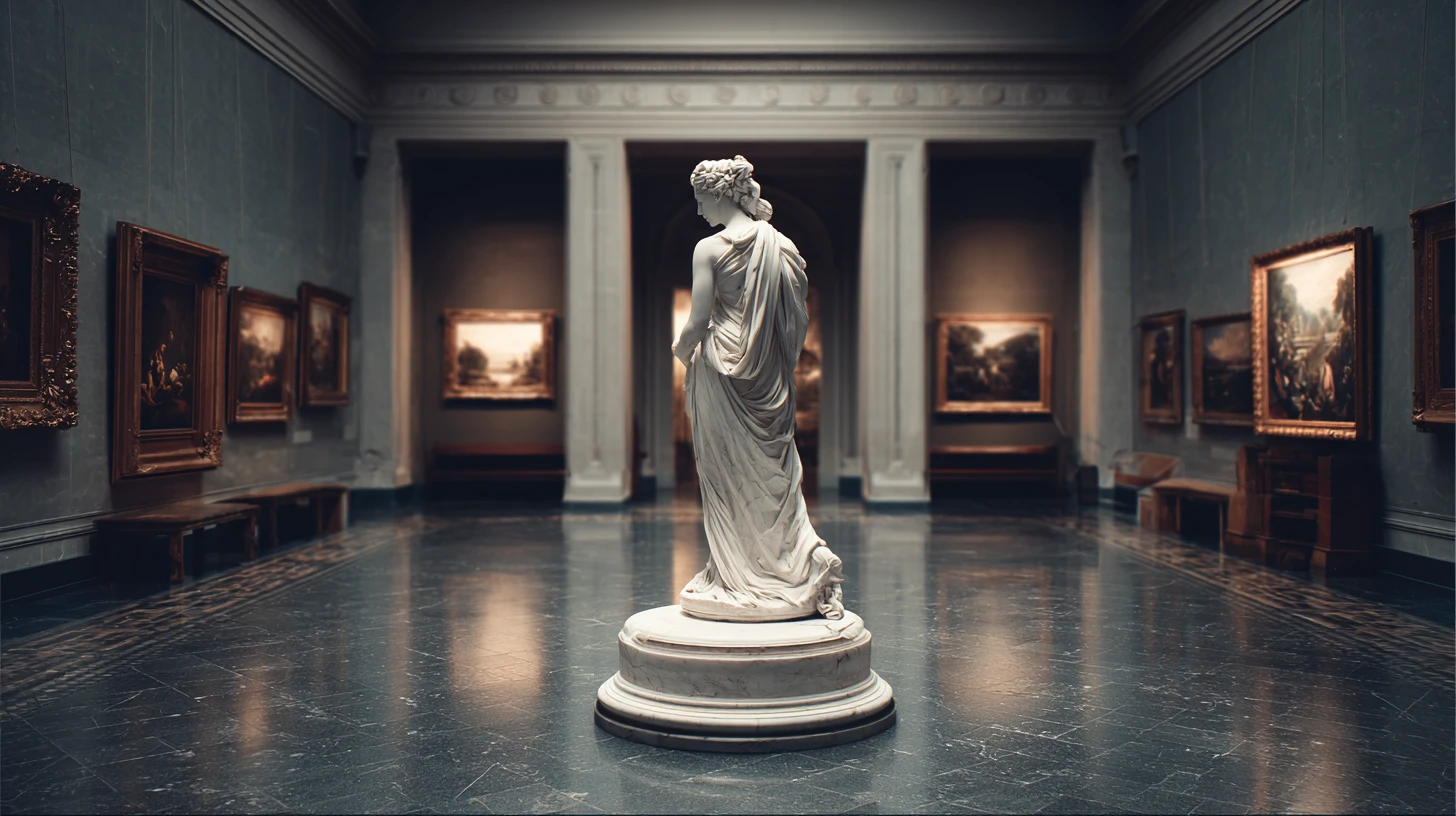 Estátua de mármore de uma mulher em destaque em museu clássico