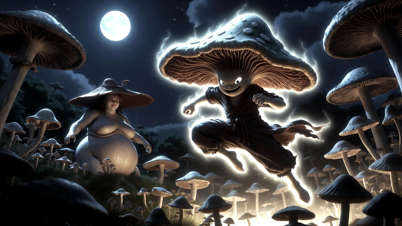 Guerriero fungo ninja che vola in un giardino illuminato dalla luna