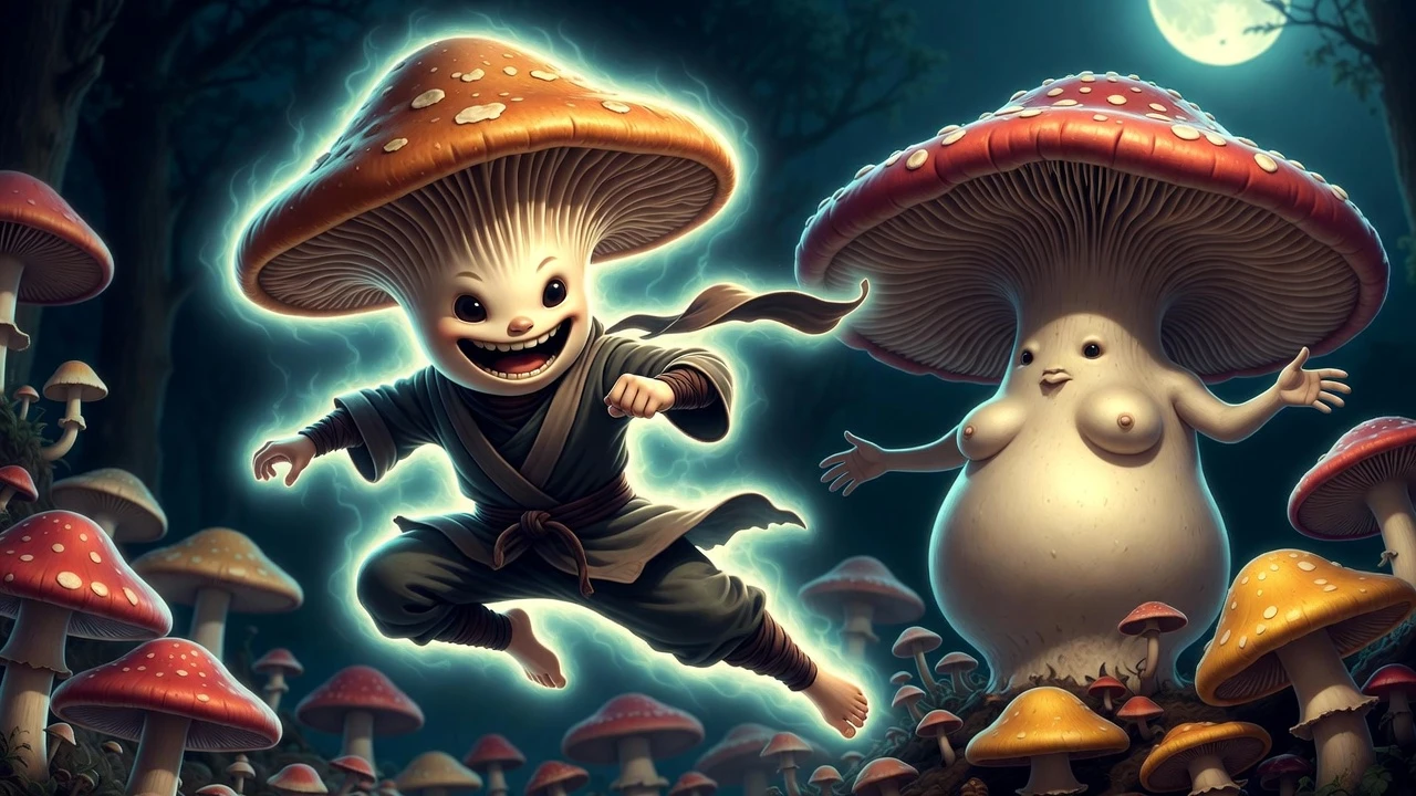 Fantasie-Pilz-Ninja, der durch einen mondbeschienenen Garten fliegt