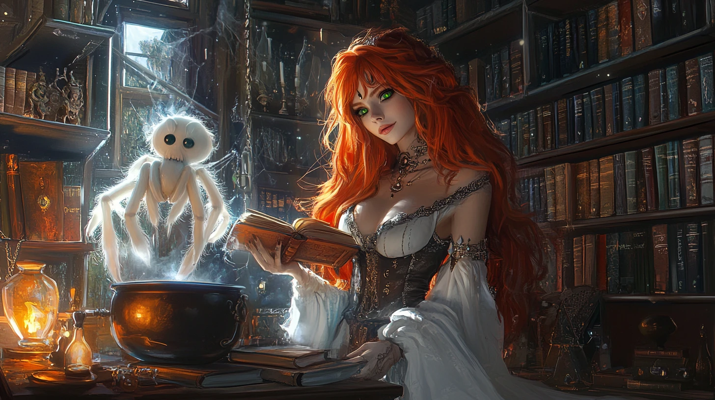 Strega steampunk dai capelli rossi in abito bianco che evoca magia