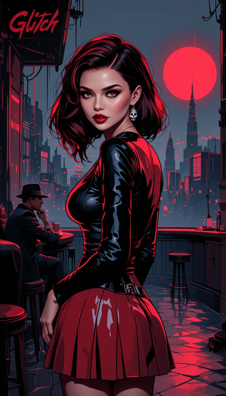Mulher de anime de saia vermelha se virando em cena de bar cyber noir