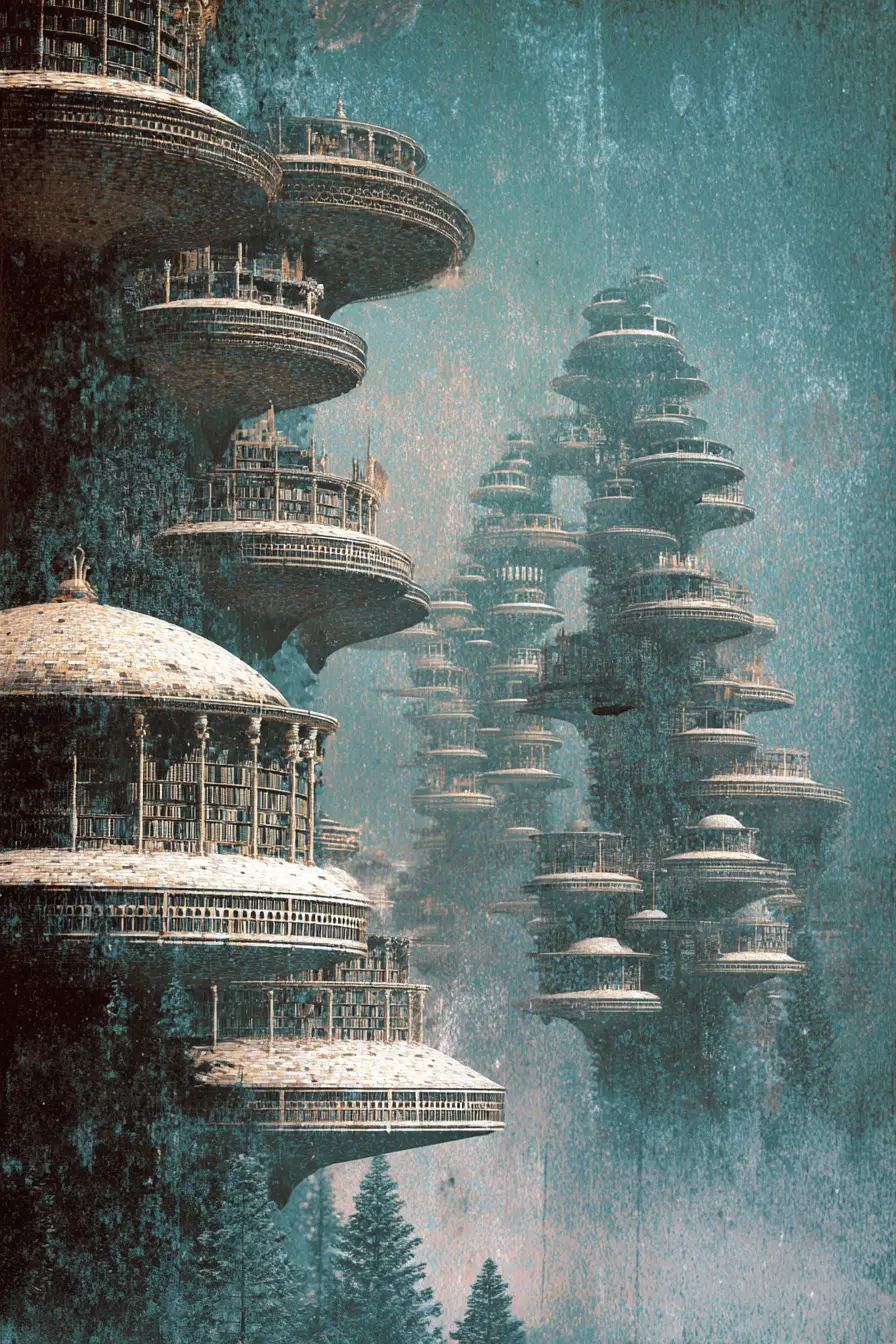 Surreal Fantasy Library Rising From A Mythical Drowned City