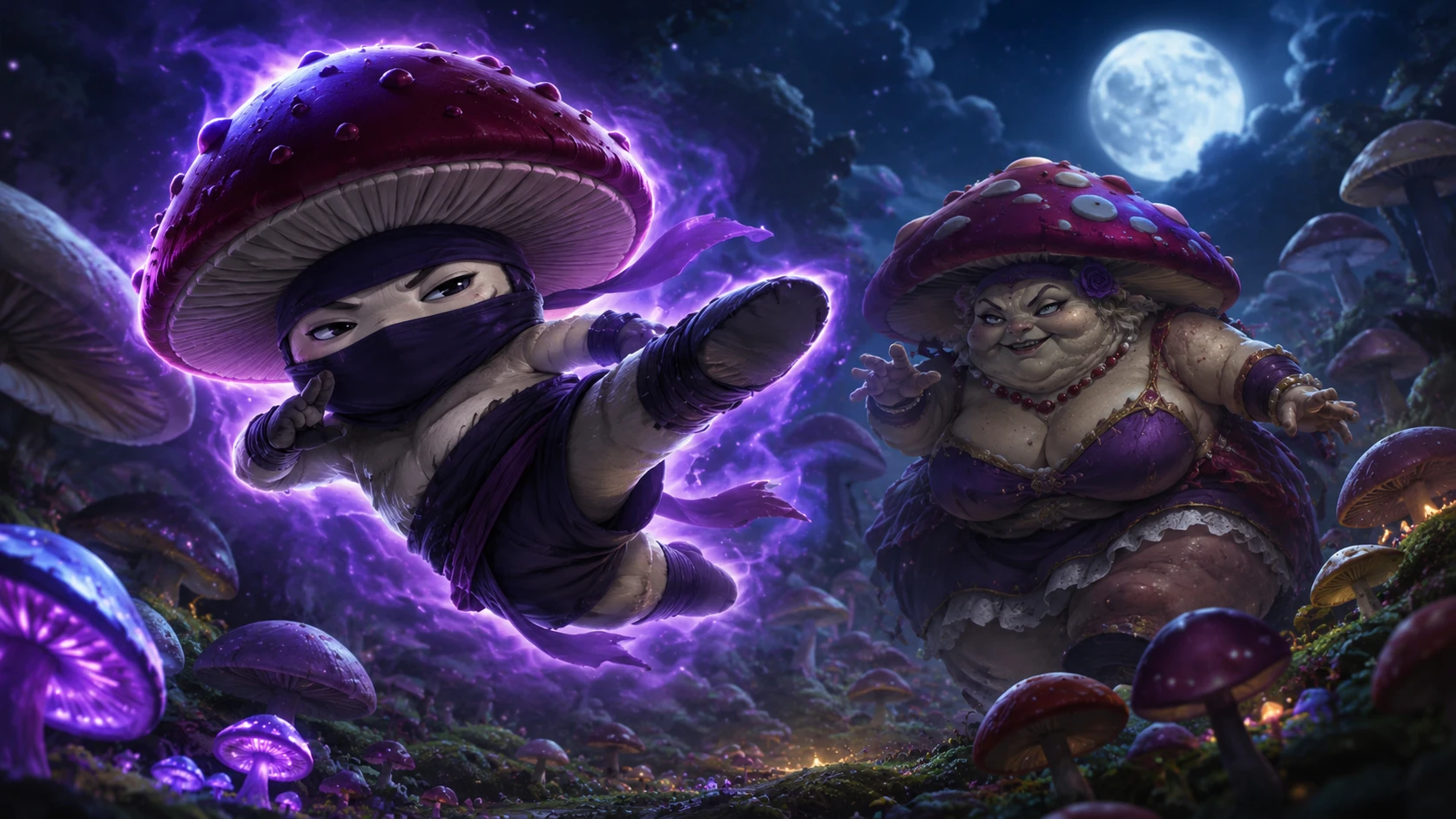 Ninja hongo dando una patada voladora en un jardín de fantasía a la luz de la luna