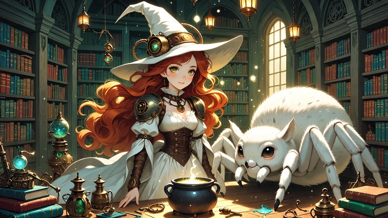 Weiße Steampunk-Hexe in einer magischen Bibliothek mit Spinnengefährten