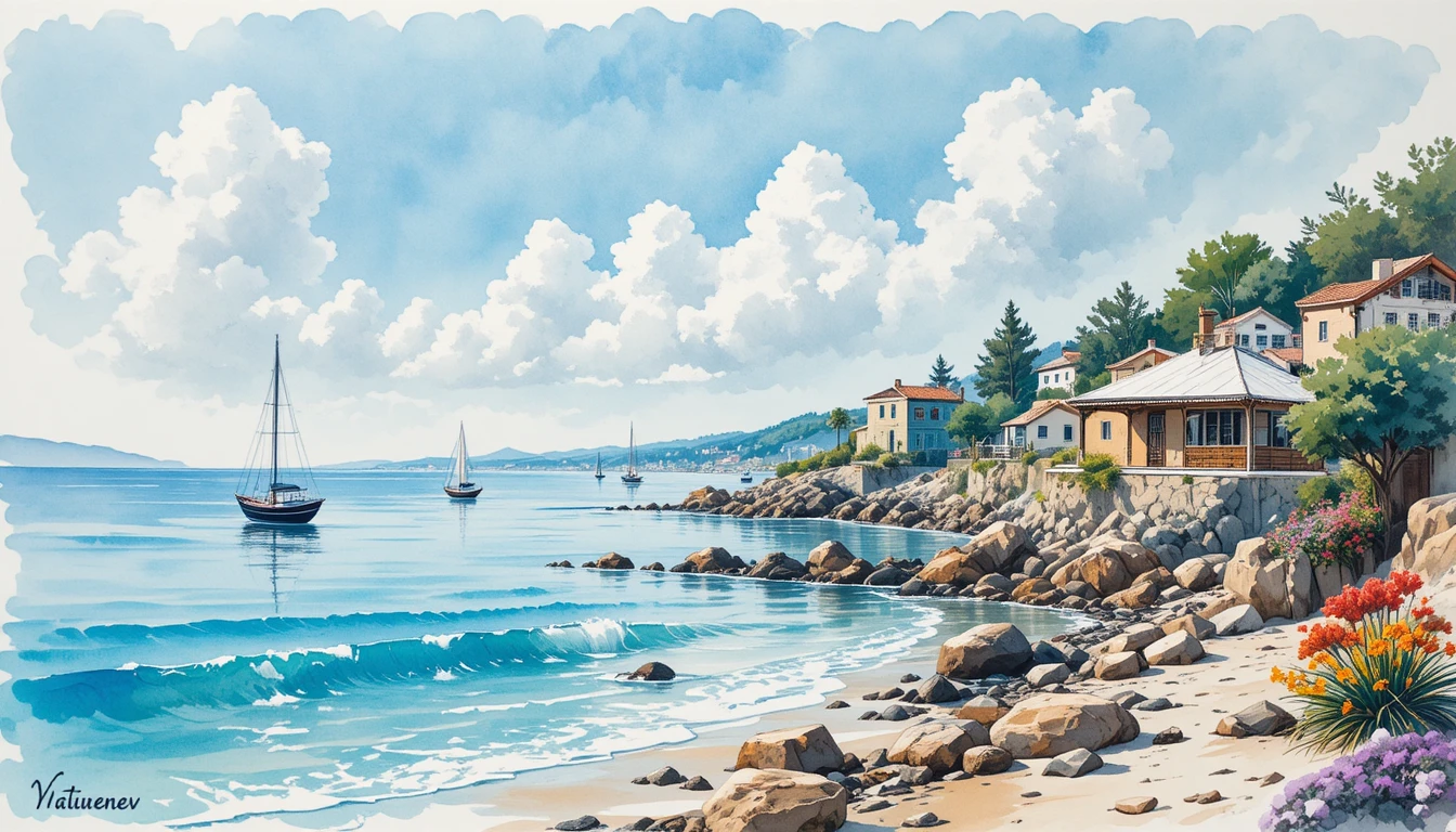 Paisaje marino en acuarela con barcos, olas y nubes lejanas