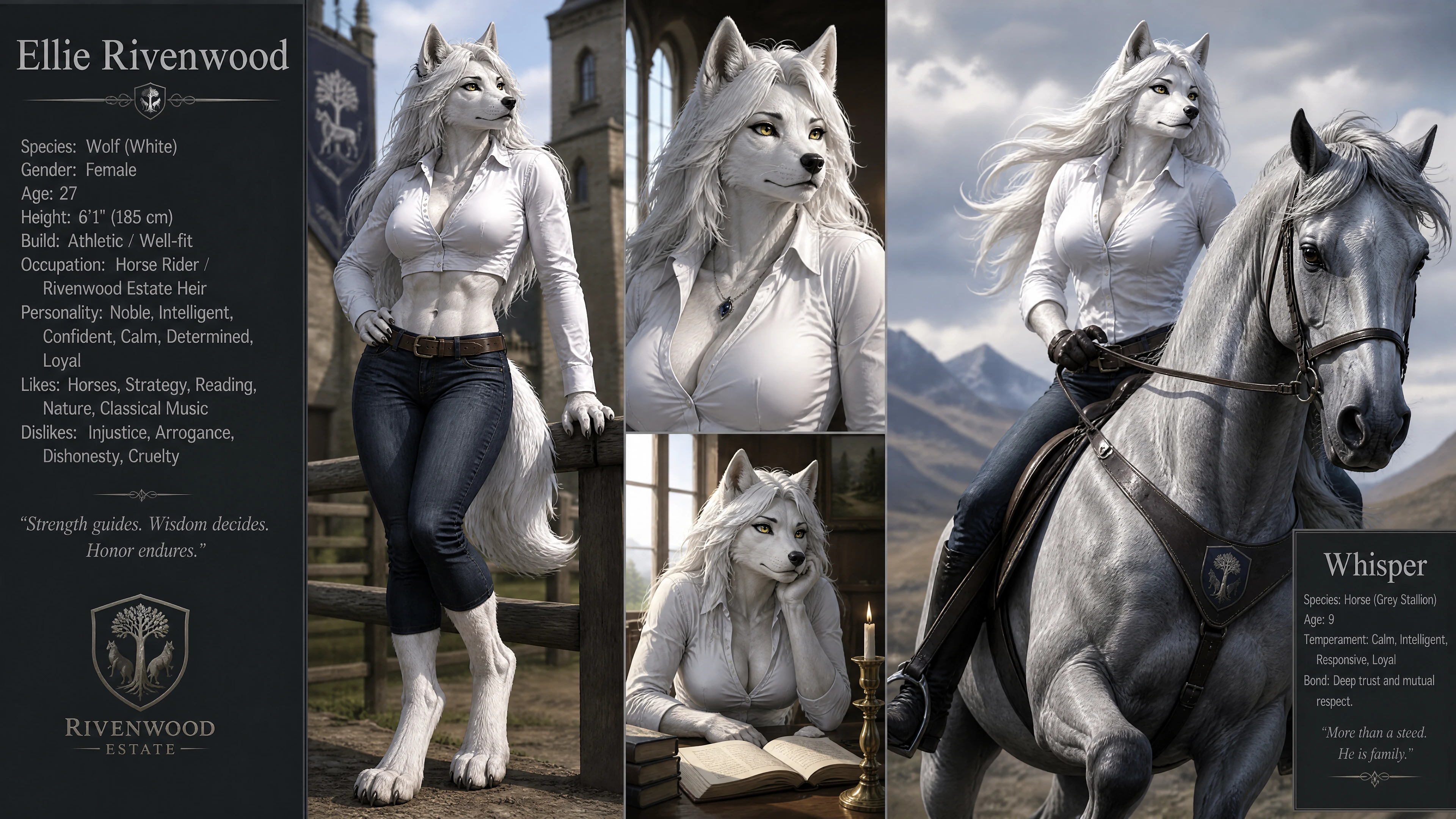 Femme loup blanche anthropomorphe chevauchant un étalon gris