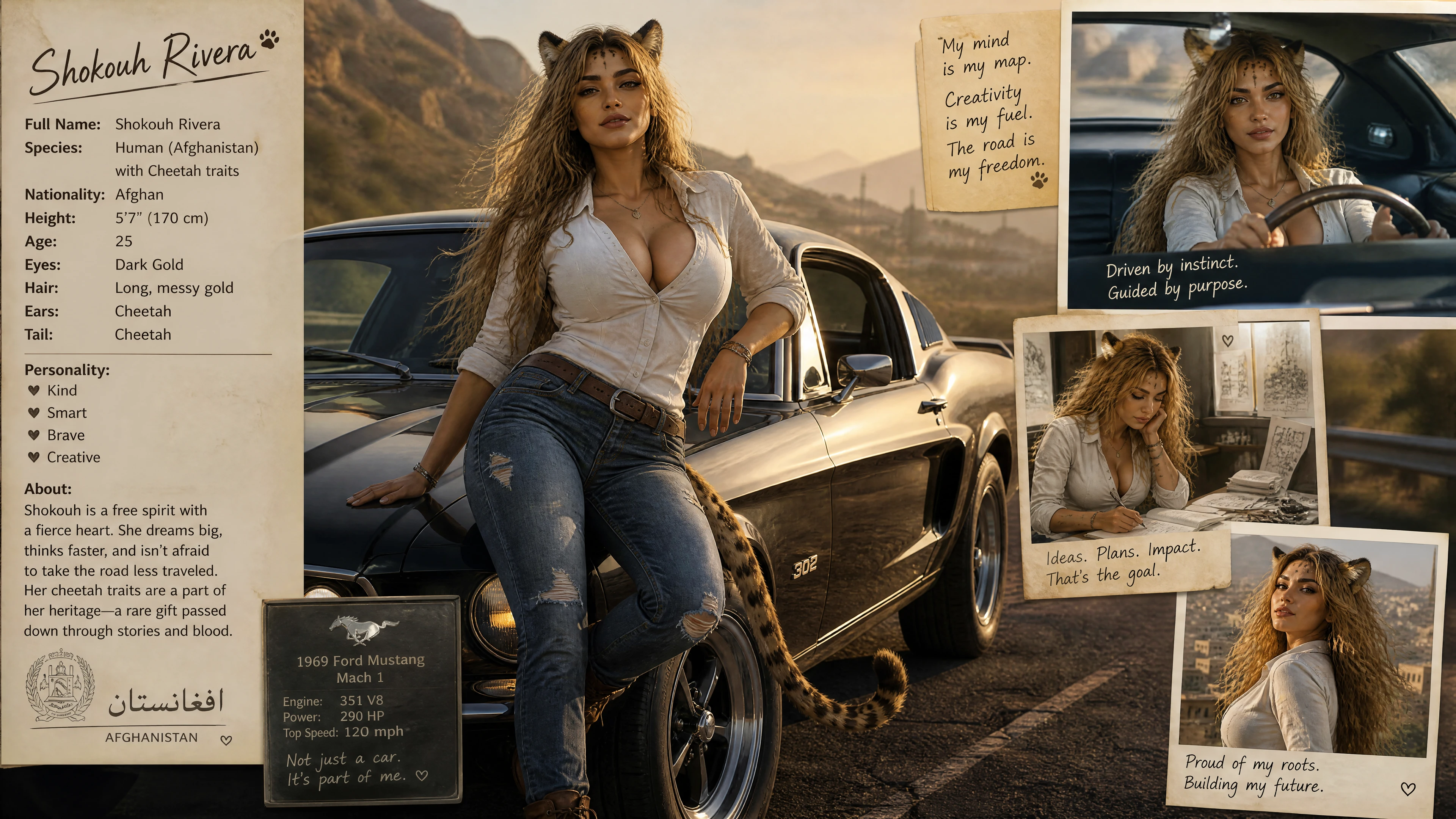 Afghanische Frau mit Gepardenohren fährt einen klassischen Pony-Car