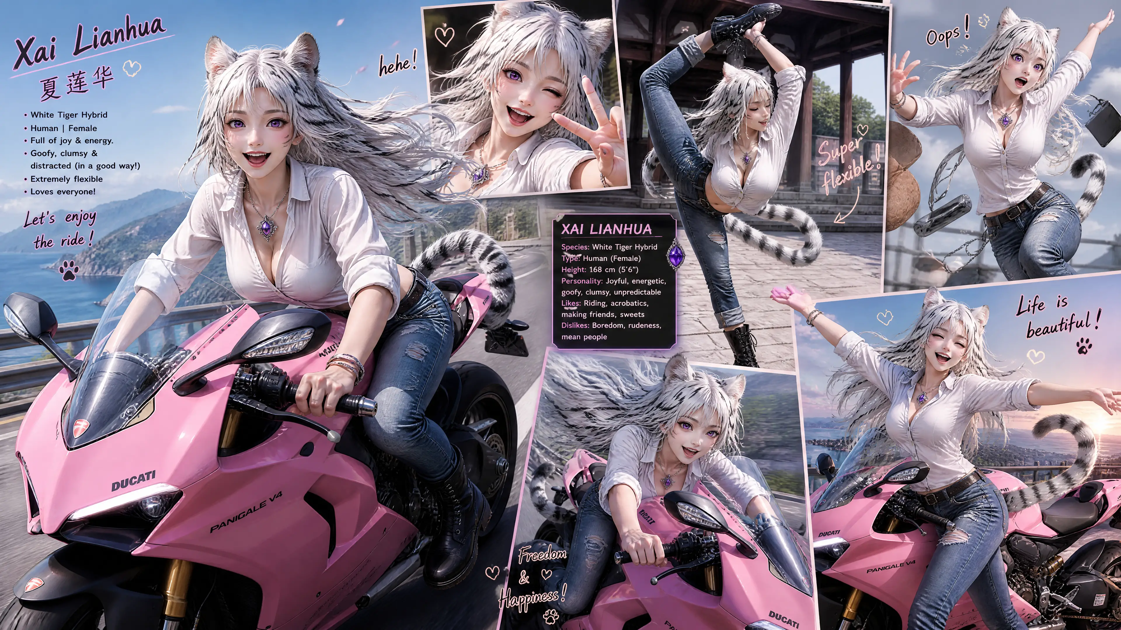 Fröhliches weißes Tigermädchen auf einem pinken Motorrad