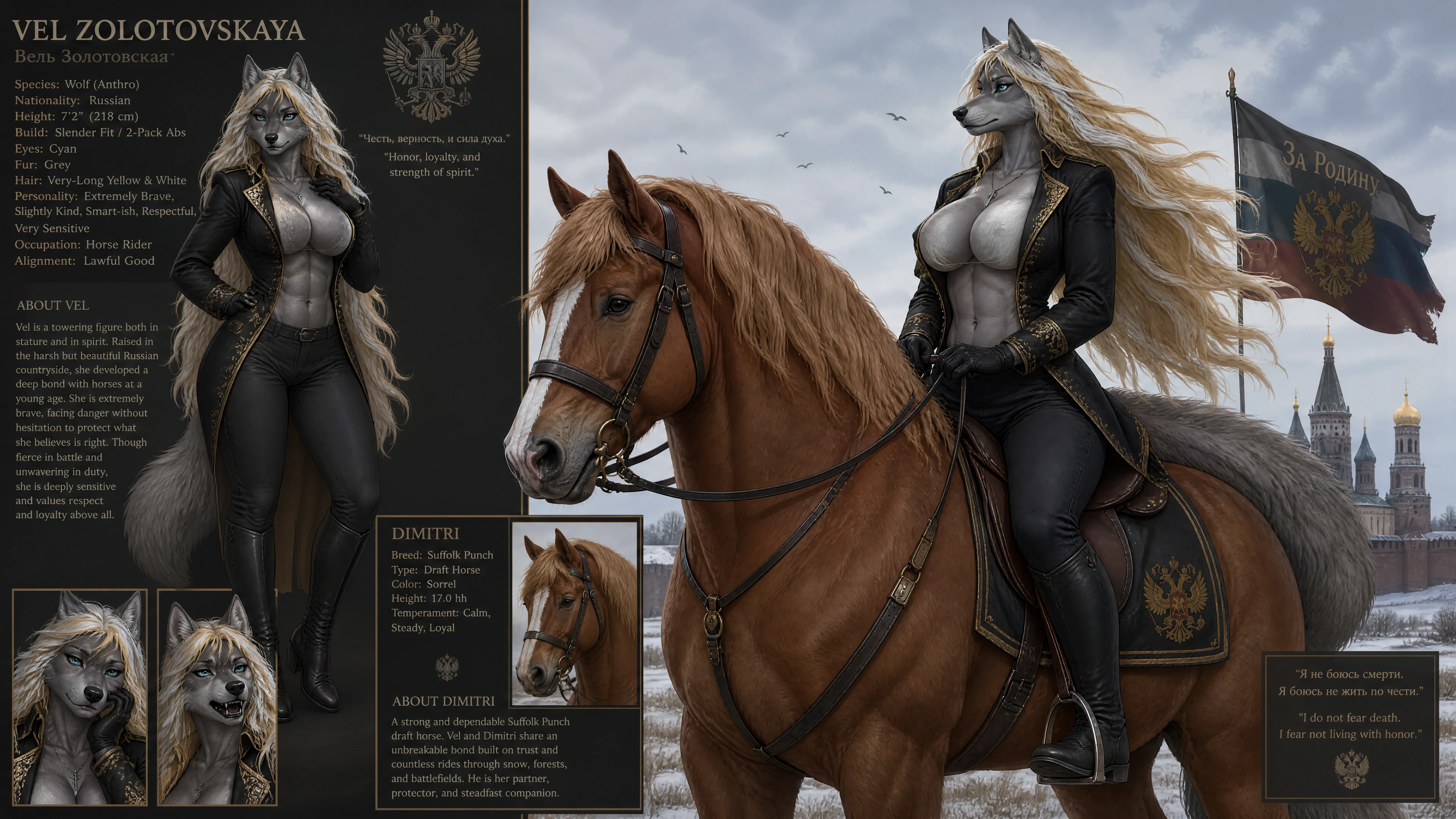 Tall wolf anthro woman riding a strong sorrel draft horse