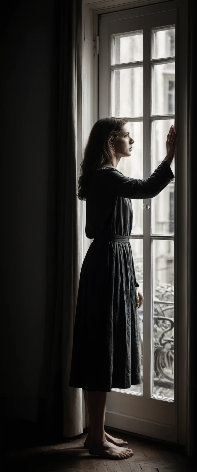 Frau erstarrt am Fenster vor einem monströsen Straßenschatten