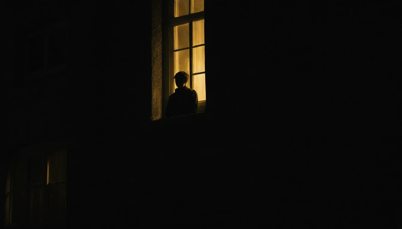 Figura sombria observando uma janela fracamente iluminada à noite