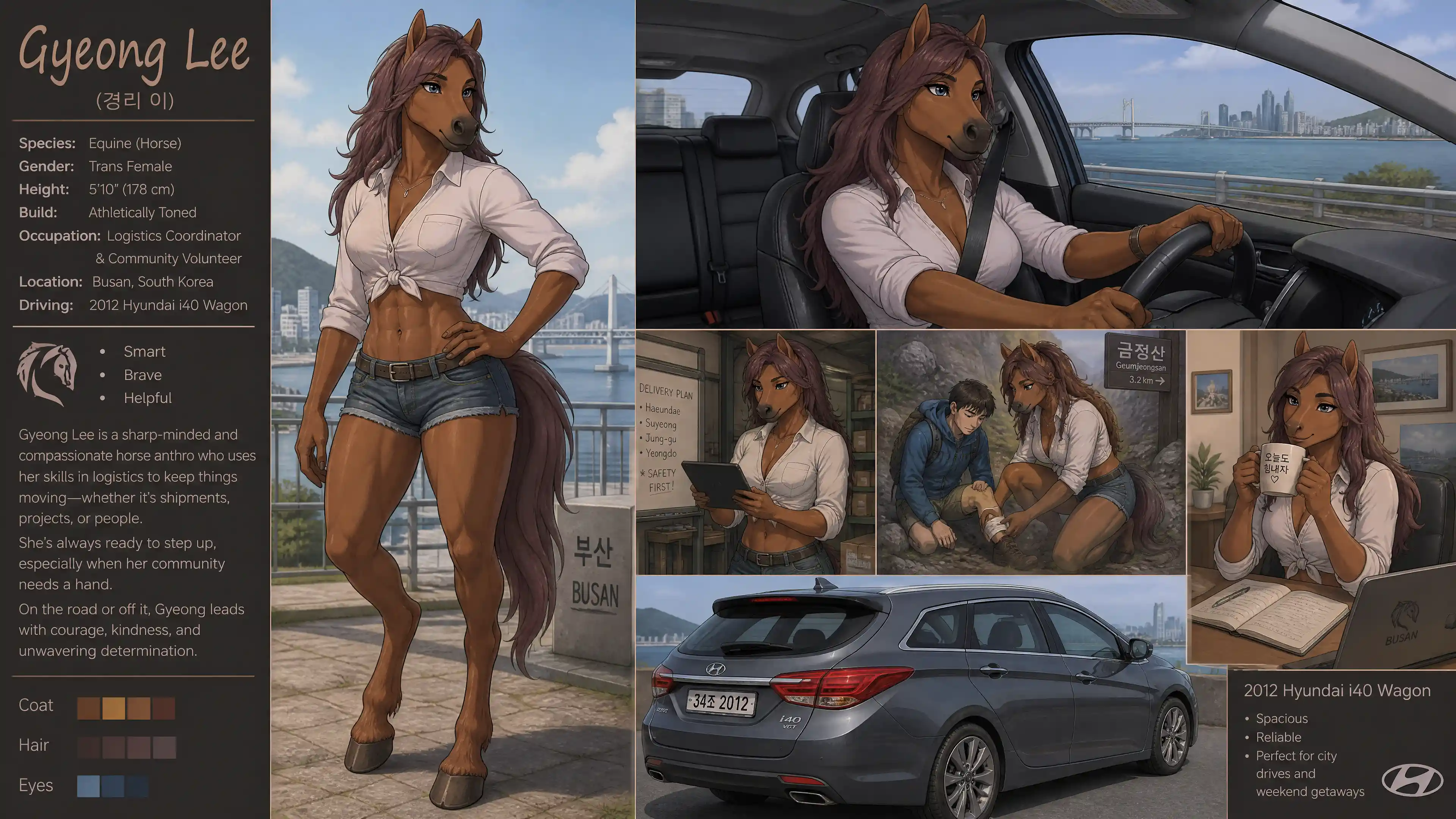 Anthro Korean horse woman driving a casual station wagon