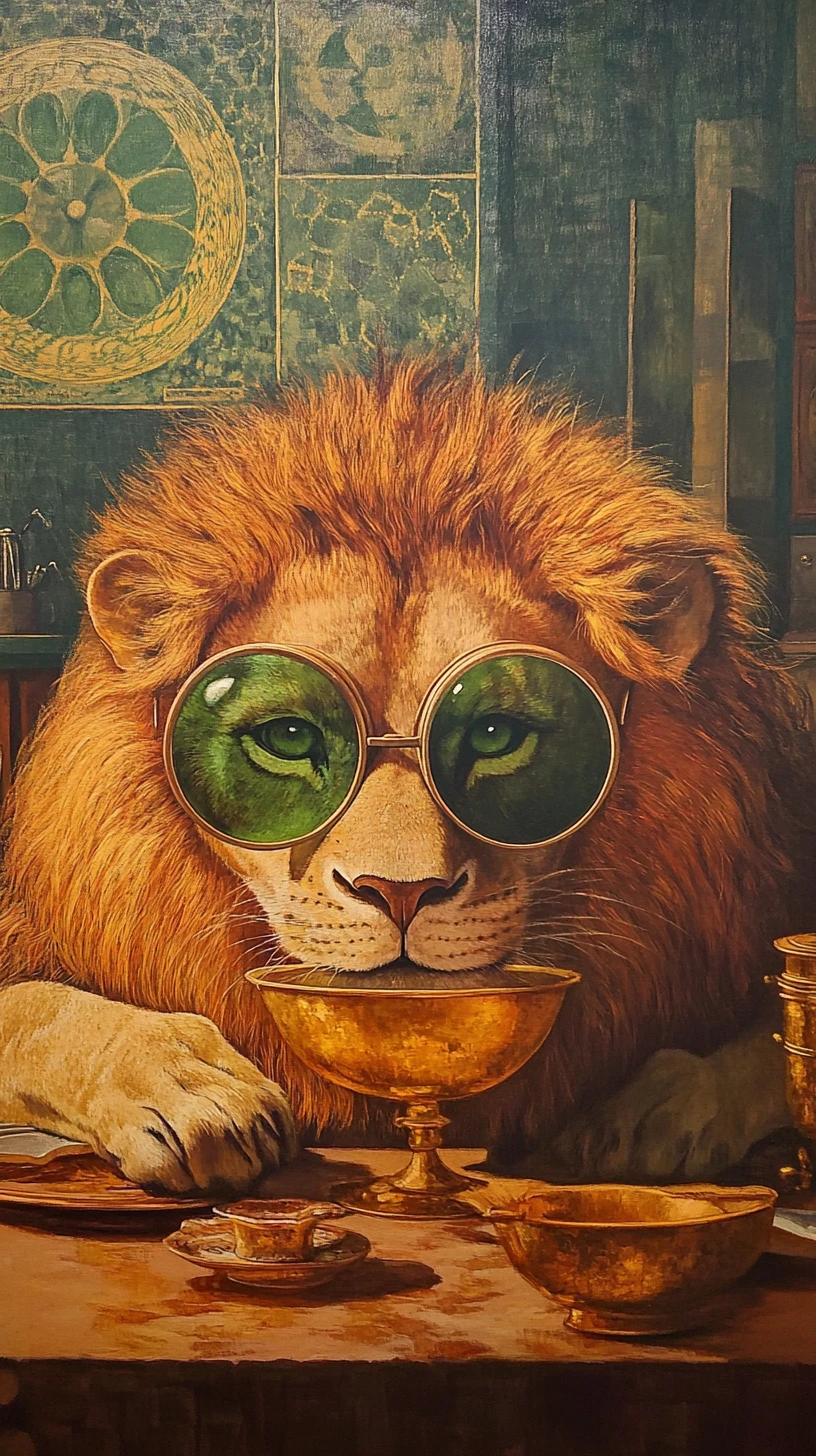 Löwe mit runder Brille, der aus einer goldenen Schale trinkt