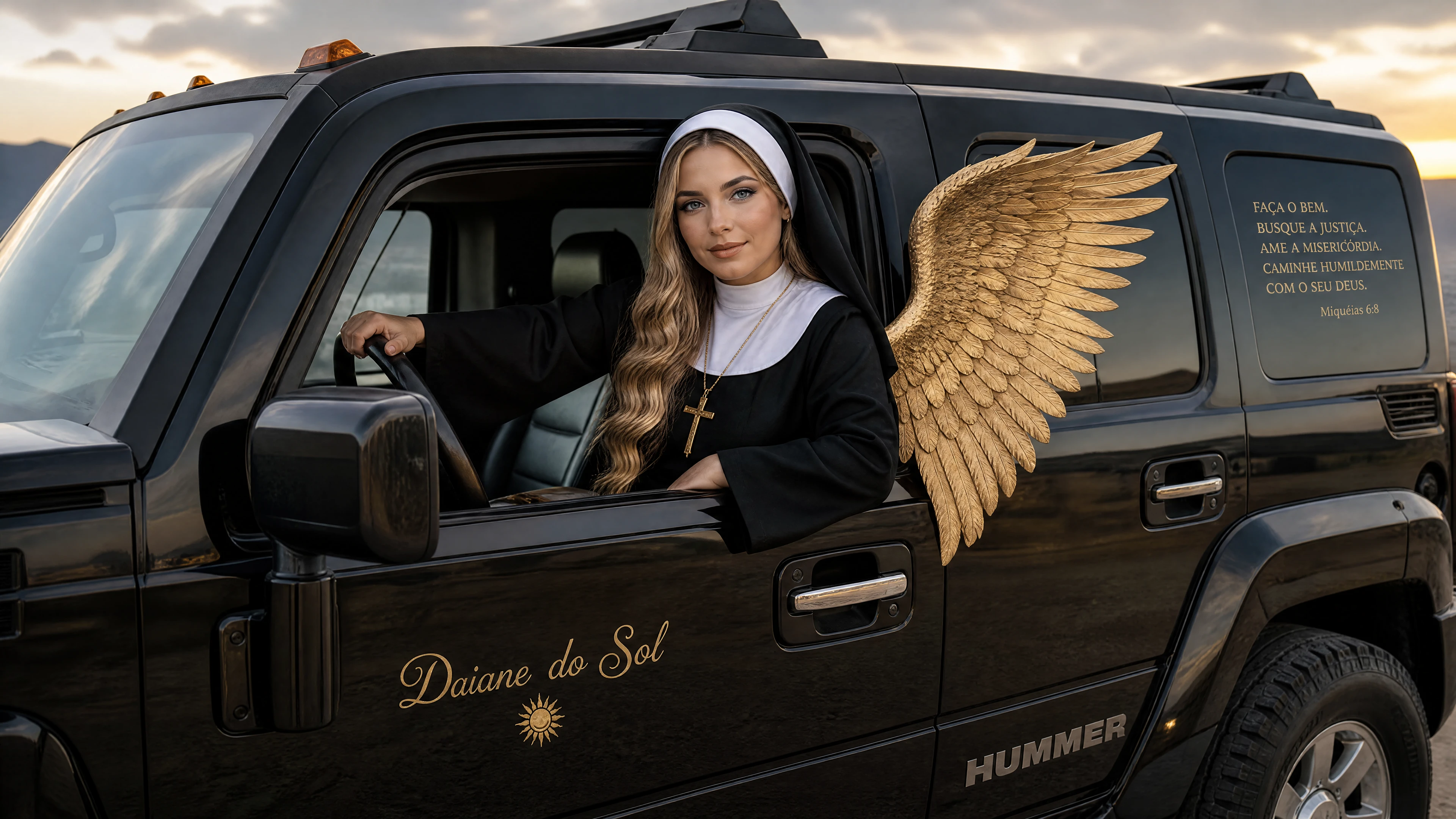Nonne blond miel conduisant un Hummer noir