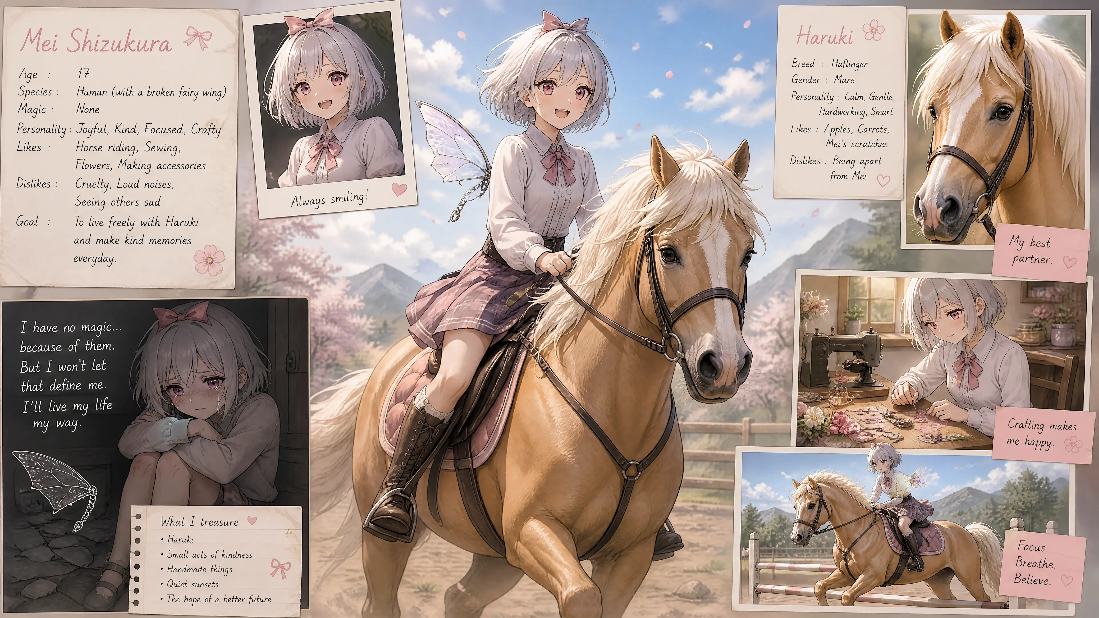 開心的動漫女孩騎著哈福林格母馬