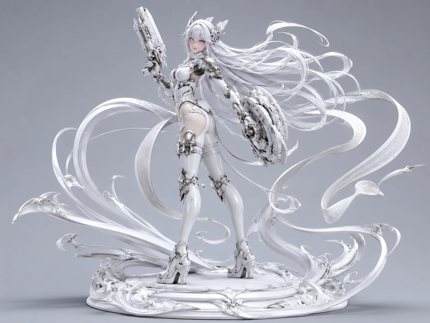 Estátua de mulher sci-fi de cabelo prateado com olho azul brilhante