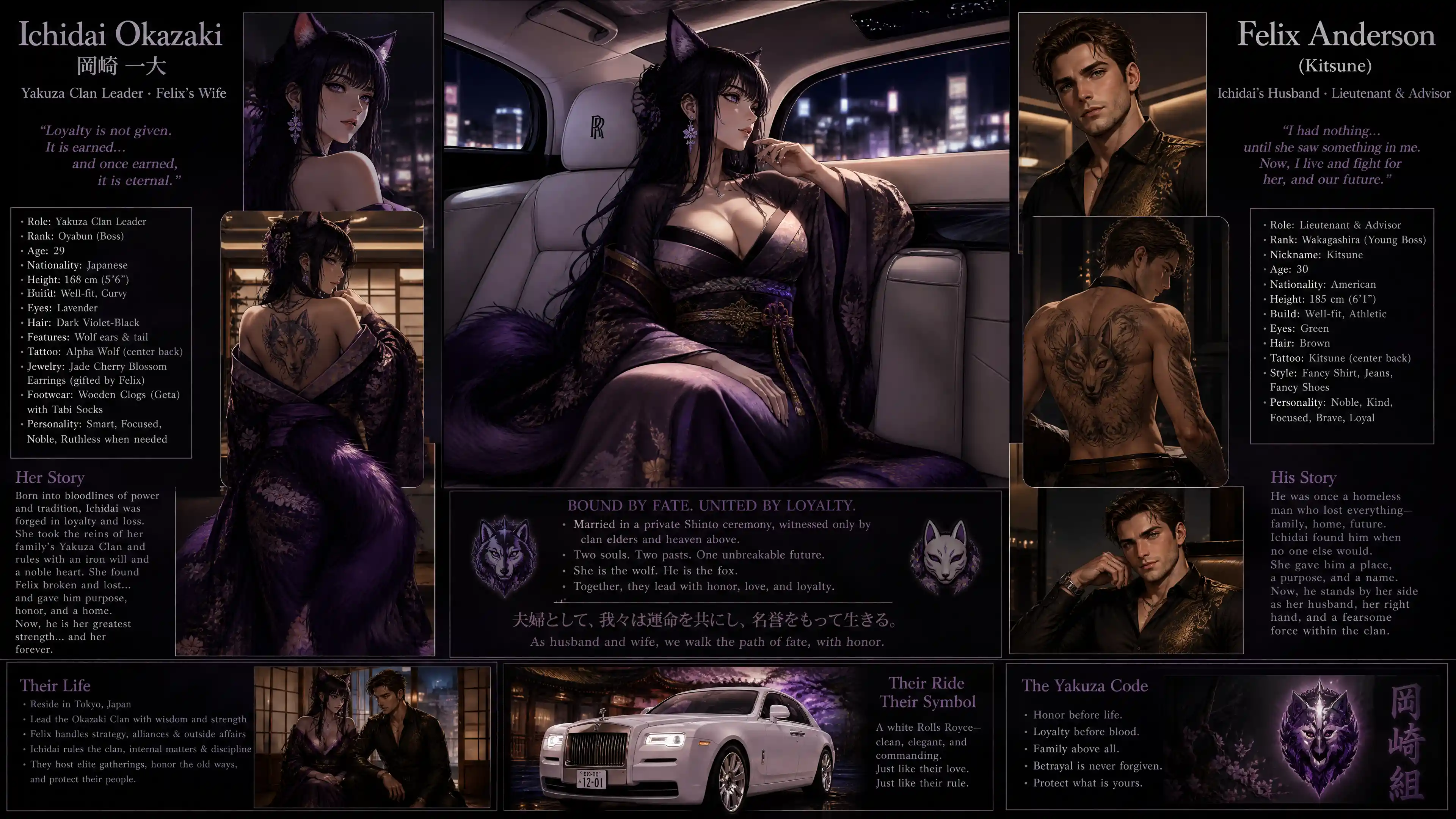 Donna yakuza con orecchie da lupo in un'auto di lusso