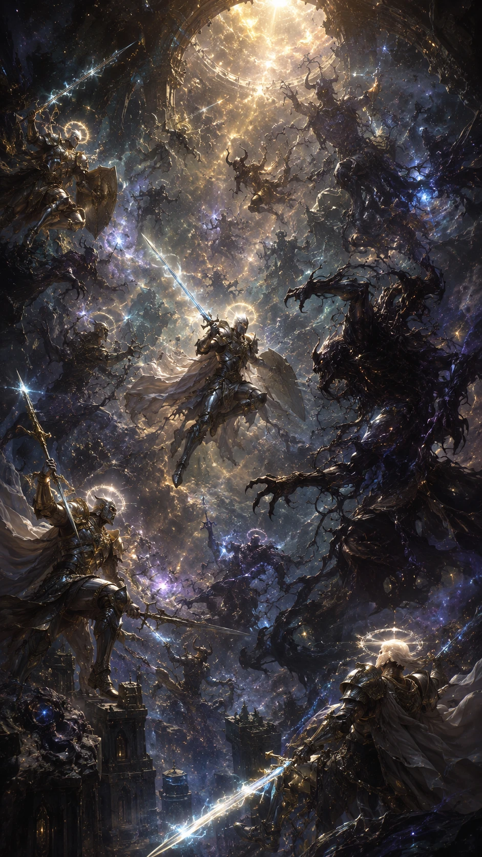Celestial knights battling shadow demons in a cosmic sky