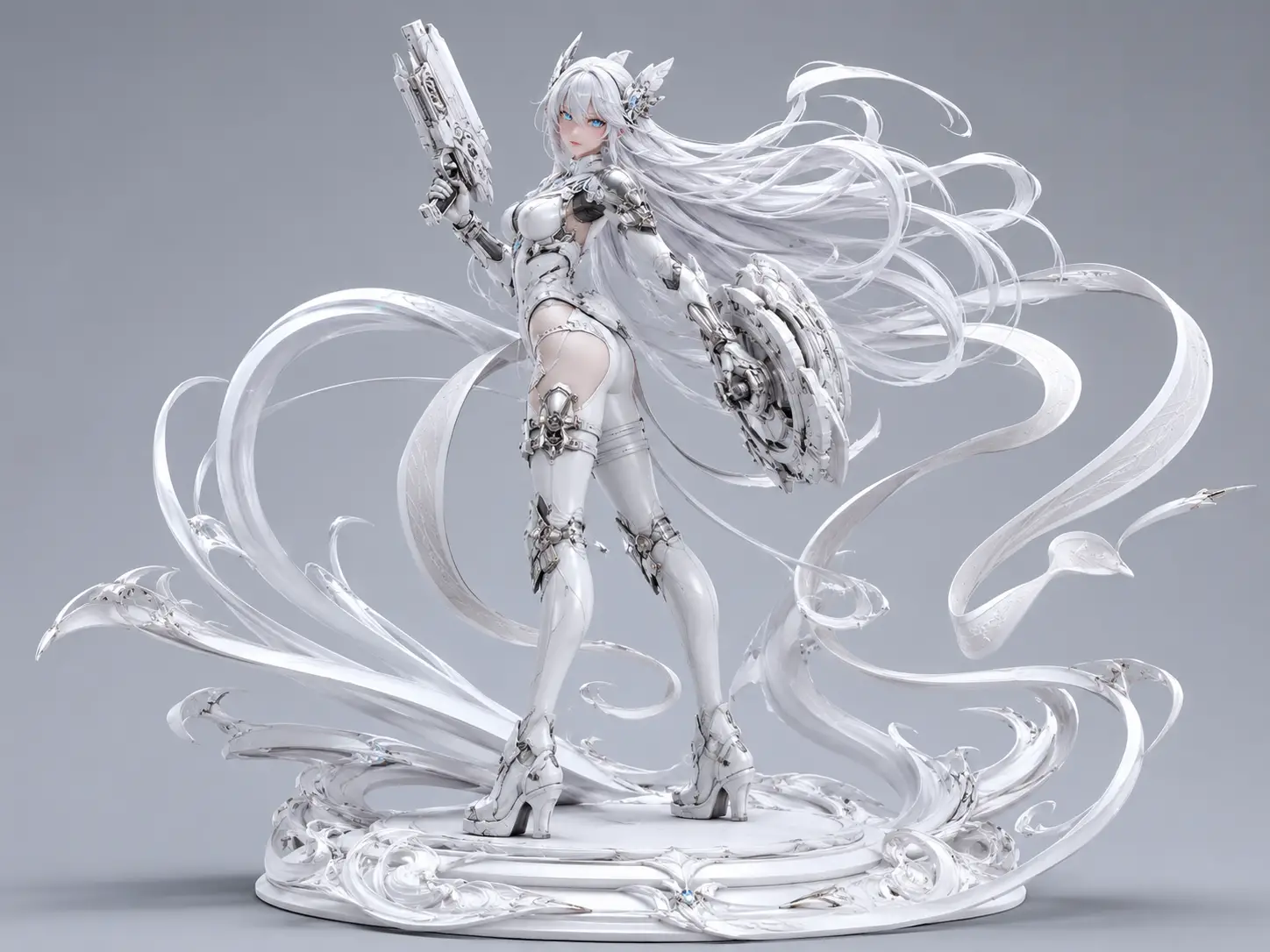 銀髮科幻女子公仔，擁有發光藍眼