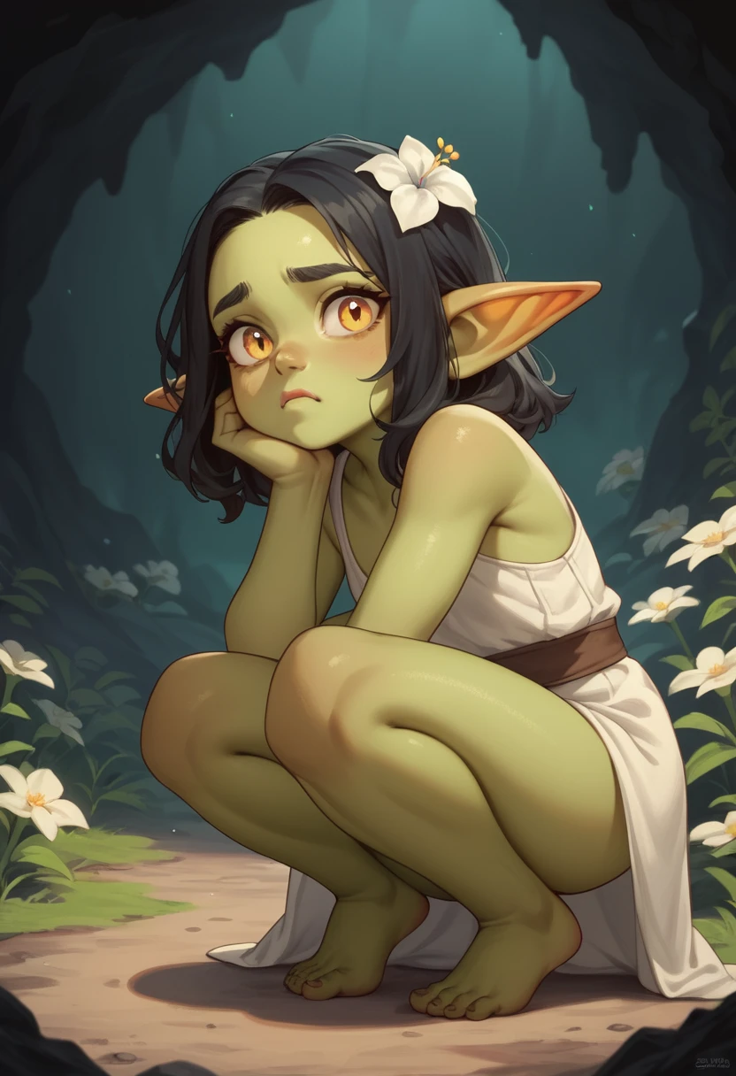 Adorável garota goblin verde agachada em uma caverna aconchegante