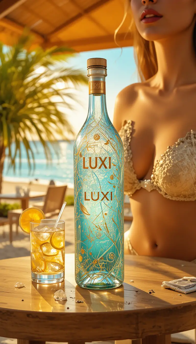 Botella de agua de vidrio de lujo sobre mesa soleada junto a la playa