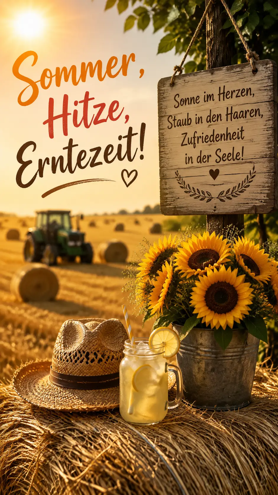 Girasoli e Limonata su una Balla di Fieno al Raccolto Estivo